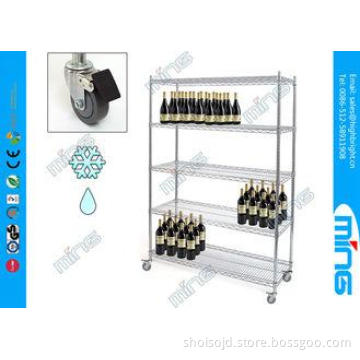 4 Tier Chrome Mobile Wire Shelving Wine Rolling Shelving wi